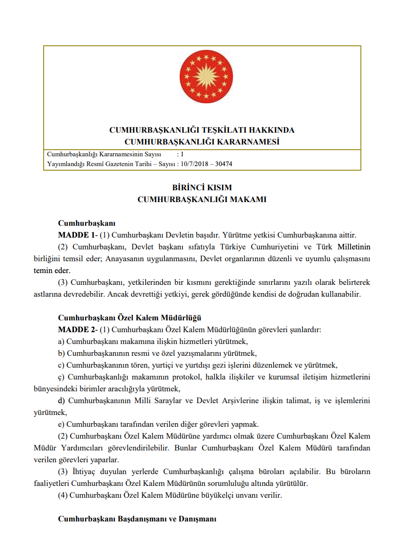 1 Nolu Cumhurbaşkanlığı Kararnamesi