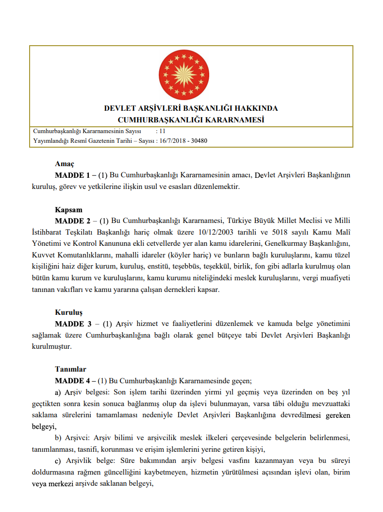 11 sayılı Devlet Arşivleri Başkanlığı Hakkında Cumhurbaşkanlığı Kararnamesi