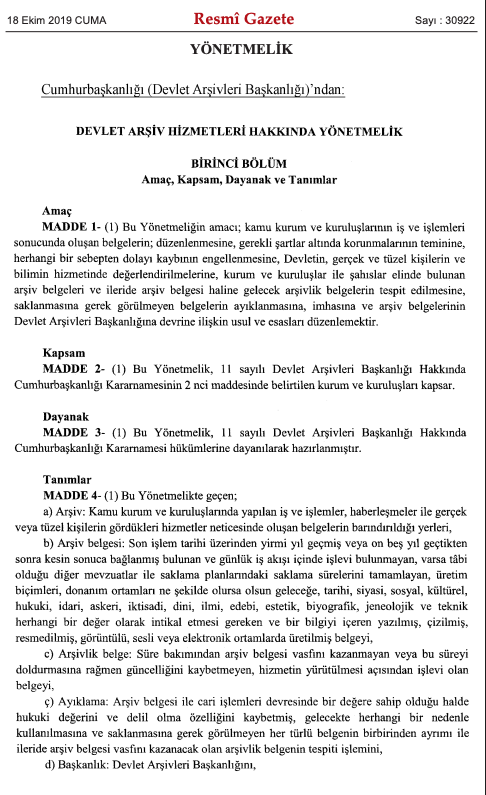 30922 sayılı Devlet Arşiv Hizmetleri Hakkında Yönetmelik