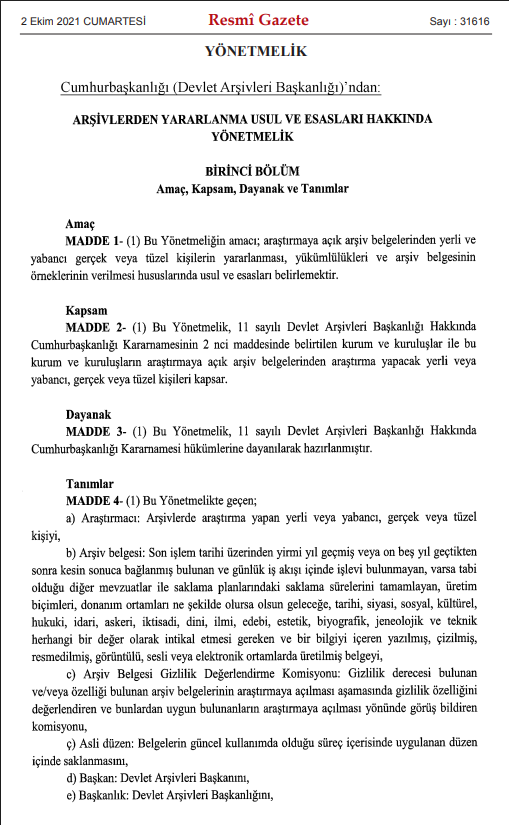 31616 sayılı Arşivlerden Yararlanma Usul ve Esasları Yönetmeliği