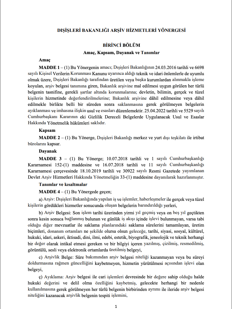 1 Temmuz 2024 tarihli Dışişleri Bakanlığı Arşiv Hizmetleri Yönergesi